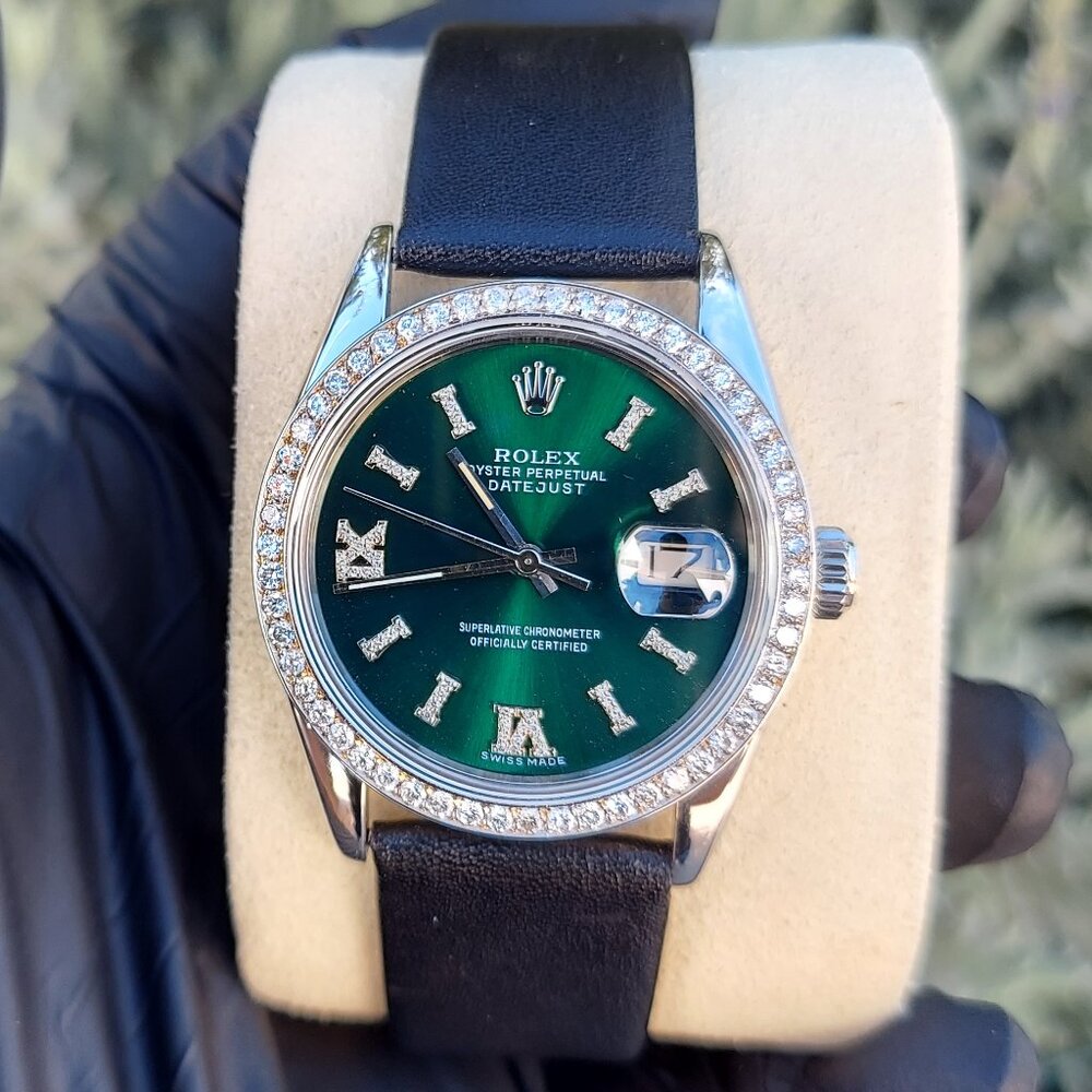 (Sale) Rolex Unisex 36mm Datejust Green Diamond Roman Numeral Steel On Leather